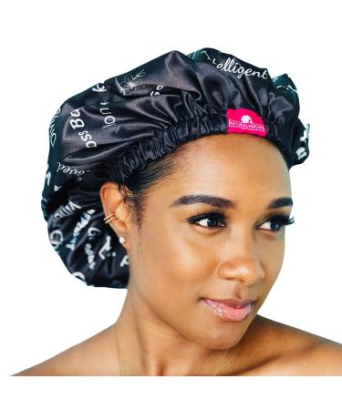 Shower Cap - Extra Large  Black  Satin lined inside  Reversible bonnet  Waterproof outer layer  Adjustable Elastic Strap  Reusable  Washable  Positive Affirmations for Women