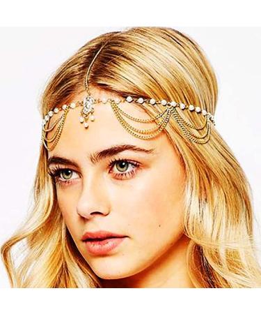 Zoestar Bridal Pearl Head Chain Gold Crystal Pendant Headpiece Boho Festival Headband Wedding Hair Jewelry for Women and Girls