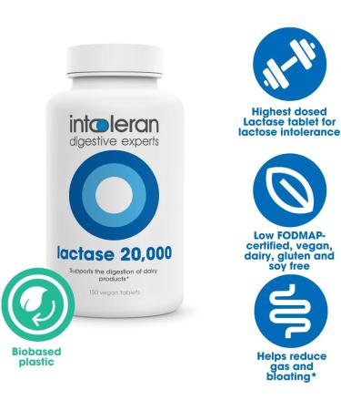 Intoleran Lactase 20 000 Digestive Enzymes - 150 Scored Tablets | Supplement for Lactose Intolerance | Lactase Enzyme That Helps Digest Dairy & Lactose | Highest Dosed & Fast Acting | Pure & Vegan - Buy Online on GoSupps.com
