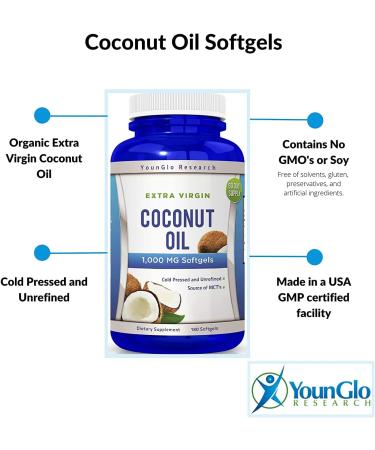 YounGlo Research Organic Extra Virgin Coconut Oil Softgels 1000mg - 180 Capsules | Hair, Nails & Skin Health Support | Keto-Friendly Dietary Supplement - Buy Online on GoSupps.com