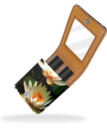Leather Lipstick Case Organizer with Mirror - Mini Flower Water Lily Lip Gloss Holder - Buy Online on GoSupps.com