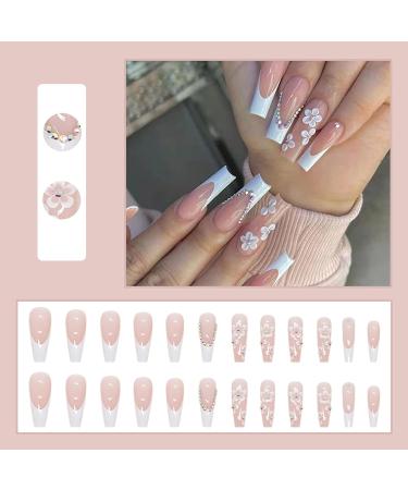 French Long Pink Coffin Fake Nails with Flower and Rhinestones - 24pcs | Press on Nail with Jelly Stickers | Ballerina Nail Tips for Women Girls - Trendy Nail Decor - Buy Online on GoSupps.com
