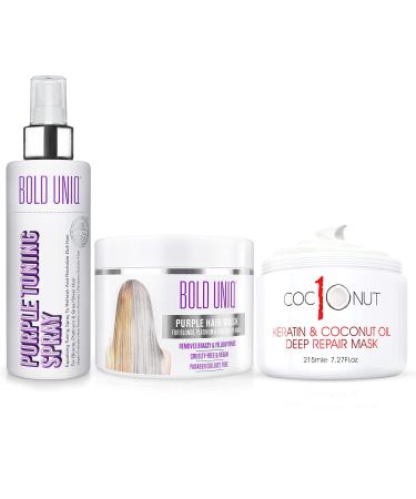 Purple Hair Mask - For Blonde, Platinum, Bleached, Silver, Gray, Ash & Brassy Hair, Purple Toning Spray, and Coconut Hair Mask Bundle - Paraben & Sulfate free, Cruelty-free & Vegan