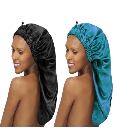 2PCS Satin Hair Braid Bonnet for Black Women Single Layer Sleep Cap with Button Black + Teal