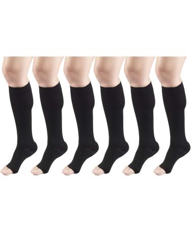 15-20 mmHg Compression Stockings for Men and Women Knee High Length Open Toe Black X-Large (6 Pairs) X-Large Black