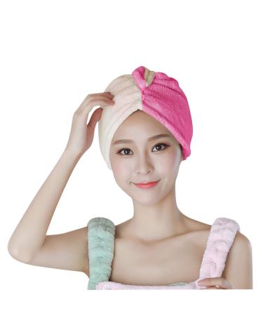 Ipenny Haarurban towel for the hair quickly drying absorbent towel head towel with a button Double color shower hood for adult pink+beige