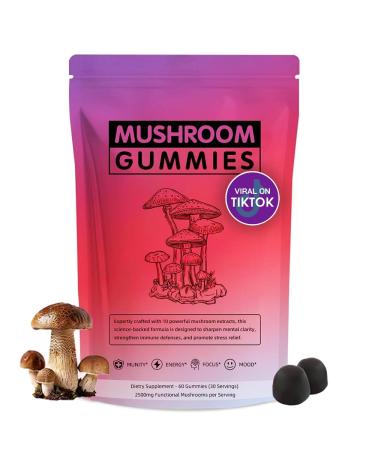 60 Gummies Nutrition Mushroom Gummies for Adults 12 in 1 Mushroom Blend with Lions Mane Turkey Tail Organic Reishi Cordyceps Immune Support & Energy Boost