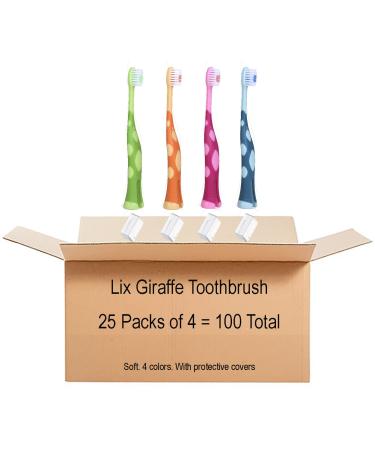 55Dental Kids Toothbrush Set of Soft Giraffe Toothbrush for Kids 3-9. Easy-Grip  Bristle Cover  Self-Standing & Splited Bottom for Cup Rim. by Lix  4 Colors (100)