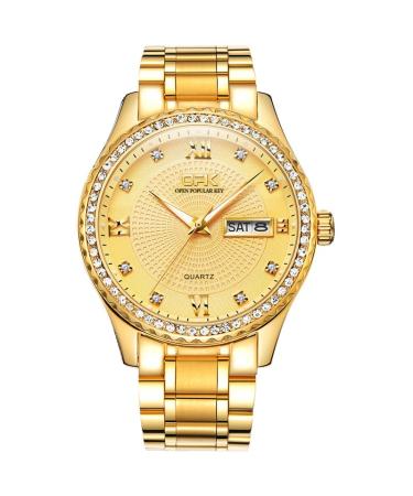 OPK Diamond Watches for Men Stainless Steel Calendar Watch Analog Quartz Luxury Business Luminous Waterproof Dress Male Wrist Watch Gold