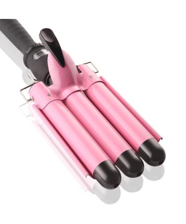 3 Barrel Curling Iron Wand Dual Voltage Hair Crimper with LCD Temp Display - 1 Inch Ceramic Tourmaline Triple Barrels, Temperature Adjustable Portable Hair Waver Heats Up Quickly (Pink) 1 Inch (Pack of 1) Pink