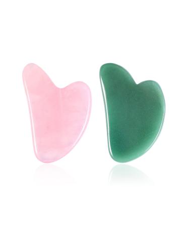 Jovivi Gua Sha Massage Tools, 2 Pcs Rose Quartz Green Aventurine Guasha Board for Face & Body, Natural Crystal Stone Gua Sha Facial Tool, Face Massager for Traditional Acupuncture Therapy Heart Shape(rose Quartz + Green Av