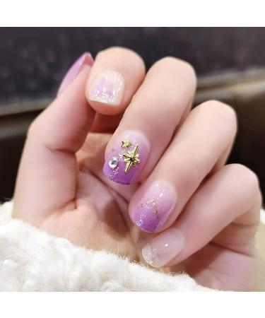 Sethexy glossy squoval short false nails purple gradient sparkle earplugs complete cover acrylic 24 pieces fake nail tips for women and girls