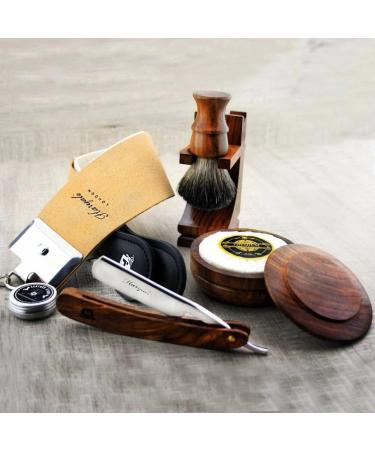 7-part shaving set made of wood for men with razor-shaving brush-shaving rack-shaving soap-shaving bowl-leather string string-paste-perfect shaving set