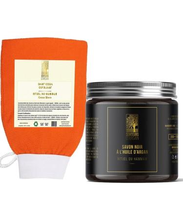 Hammam Gift Set - Organic Moroccan Argan Oil 30ml - Black Soap Scrub with Eucalyptus 200G - Body Scrub Glove Kessa Hammam Ghassoul Powder 100g - Buy Online on GoSupps.com