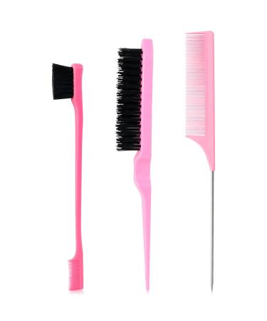 Sularpek 3 Pieces Slick Brush Set Bristle Hair Brush  Teasing Brush Edge Brush  Rat Tail Comb  for Edge & Back Brushing  Combing Slicking Hair for Women Girls (Pink)