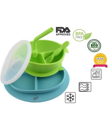 Yummy Baby Toddler Silicone Suction Divided Plate Bowl with Lid, Spoon, and Straw - Non Slip Feeding Set for Kids - BPA Free - Green - Buy Online on GoSupps.com