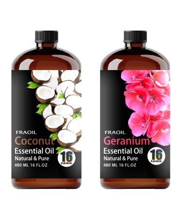 Coconut Essential Oil 16 Fl Oz and Geranium Essential Oil 16 Fl Oz for Diffuser Humidifier Yoga Cleaning DIY Candle Soap Making Perfume Gift for Essential Oils