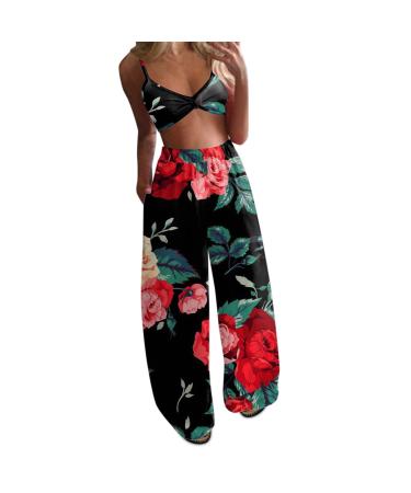 Pieces Leg Women Pants Sets Wide And Loose Crop Sets Pants Boho Printing Top Set 2 Women's Trousers Suit Two Piece Outfits for Women Pants Set (Black, L) Large Black