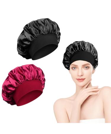 2 Pcs Satin Bonnet Night Sleep Caps with Wide Elastic Band Silk Bonnet for Sleeping Elastic Wide Band Night Sleep Bonnet Soft Satin Sleep Caps Hair Cap for Women Girls Curly Hair(Black&Burgundy)