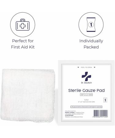 Buy Dr. Deutsch Sterile Gauze Pads 2"x2" - 100 Individually Packed 12-Ply Cotton Wound Dressings for First Aid & Home Care | Highly Absorbent & Ideal for International Shipping - Buy Online on GoSupps.com