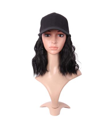MapofBeauty 13 Inch/33cm Short Curly BOB Synthetic Hair Extension Daily Use Adjustable Baseball Hat Wig (Jet Black)