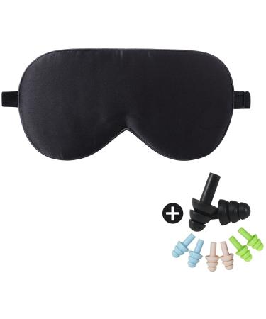 LaCourse 100% Natural Mulberry Silk Eye Mask for Sleeping with 4Pair EarPlugs & Travel Pouch Both Sides 19 Momme Organic Silk Adjustable Silk Sleep Eye Mask for Women & Men Black Black With 4 Pairs Ear Plugs