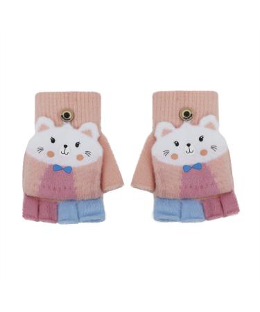 Toddler Kids Puppy Flip Top Short Knitted Half Finger Gloves for 3-8 Yrs Cat/Pink