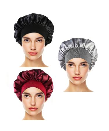 Petyoung 3 Pack Satin Sleep Caps for Women & Girls - Elastic Wide Band Beanie Hat for Curly Hair - Wine Red, Black, Silver - Buy Online on GoSupps.com