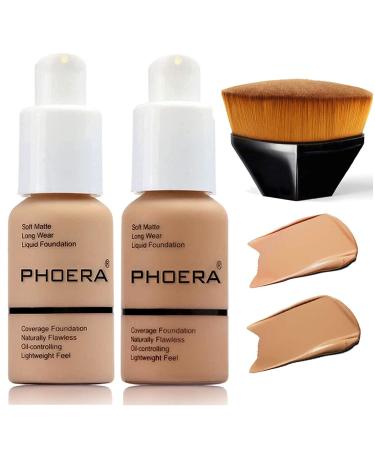 2 Pcs Phoera Foundation Makeup 102 and 104 Liquid Full Coverage 24HR Matte Oil Control Foundation Makeup Concealer (Nude & Buff Beige) with Kabuki Foundation Brush Flat Top 102 Nude and 104 Buff Beige