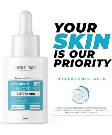 U rbanb.otanics 2.5% Hyaluronic Acid Serum for Intense Hydration Glowing Skin & Fines Lines | Daily Hydrating Face Serum For Women & Men with Dry Normal & Oily Skin 30 ml - Buy Online on GoSupps.com