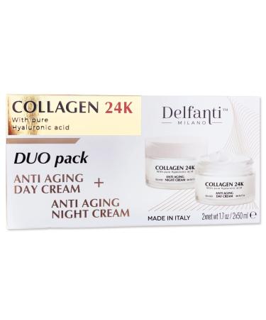 Delfanti COLLAGEN 24K Anti-Aging DUO pack Day Cream jar PLUS Night Cream jar Face and Neck Moisturizers with pure Hyaluronic Acid Made in Italy