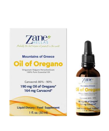 Zane | 100% Greek Undiluted Oil of Oregano | 190 mg Oregano Oil Provides 164 mg Carvacrol per Serving - 5 Drops. 86%-90% Min Carvacrol. 1 fl. oz.- 30ml