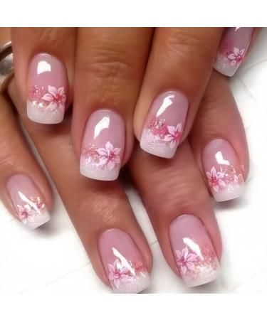 Pink Press on Nails Medium Square Fake Nails with Flower Designs Summer Glue on Nails Glossy Nude Pink Cherry Blossom Print Acrylic Full Cover False Nails Reusable Stick on Nails for Women Girls 24PCS pattern4