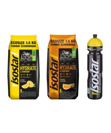 Isostar set - 1x1.5kg lemon + 1x1.5kg orange + 1x1l bottle |Hydrate & Perform ISO Drink |Isotonic beverage powder |Electrolyte powder to support sporting performance