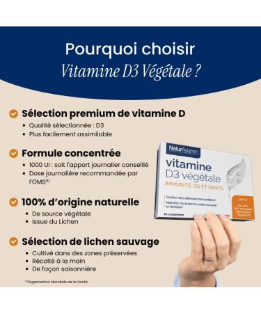 Vitamin D3 100% Vegetable 1000 IU | 500% of daily intake | Immunity Bones & Teeth | Lichen | NaturAvignon Laboratory | 60 tablets | Made in France - Buy Online on GoSupps.com