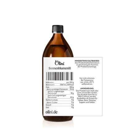 Olini Sunflower Oil 1000ml - Freshly Pressed Cold-Pressed Natural Oil in Glass Bottle | Perfect for Your Kitchen - Buy Online on GoSupps.com