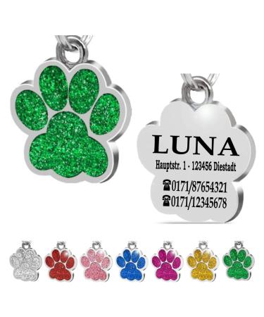 Ibera Gifts - Personalized pendants for small to medium -sized dogs and cats in paw shape - engraving dog brand collar dog hall band Name personalized Dog address trailer cat necklace (green)