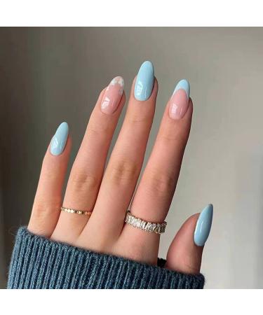 JUSTOTRY 24 Pcs Almond False Nails Short Pale Blue French Press on Nails with Flower Pattern Pretty Fake Nails Short with Nail Glue Oval Stick on Nails for Women Nails Fake Nail for Nails Art Pale Blue &Flower