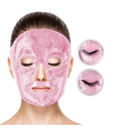 CONBELLA Face eye masks for dark circles and puffiness  Migraines  Headache  Stress  Redness  Acne  Cooling Face Masks for Women Man  Hot Cold Use Ice Face Mask. (Pink 1 face mask+1 pair of eye pads)