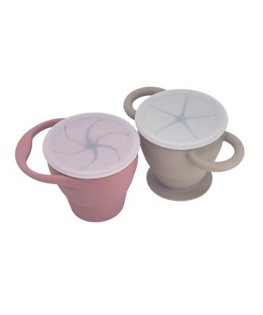 BraveJusticeKidsCo. | Snack Attack I&II Baby Snack Cup | 2 pack | Silicone Collapsible Toddler Snack Cup (Dusty Rose and Fog)