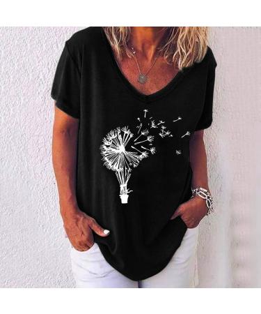 Shop Women's Summer Ppanguding T-Shirt - Casual Loose Round Top with Pustblume Print | Trendy Black Summer Shirt - Buy Online on GoSupps.com