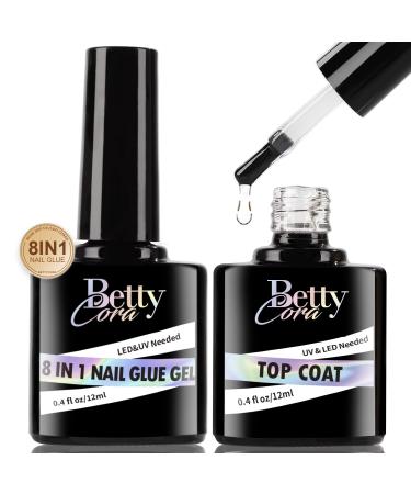 BettyCora Gel x Nail Glue - 8 in 1 Glue Gel and Top Coat Set for Easy Nail Extensions Gel Nail Polish  2PCS 12ML  Curing Needed  Shine Finish  Long Lasting A2-Gel Nail Glue &Top Coat