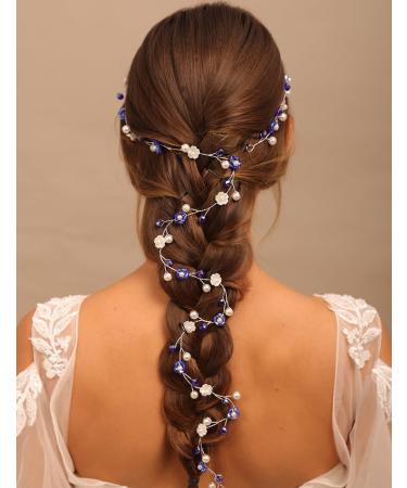 BERYUAN Women Girls Flower Pearls Wedding Hair Vine Blue Rhinestone Pearls Wedding Headpiece Silver Bridal Hair Vine Silver Wedding Hair Accessories for Wedding Women and Girls - Buy Online on GoSupps.com