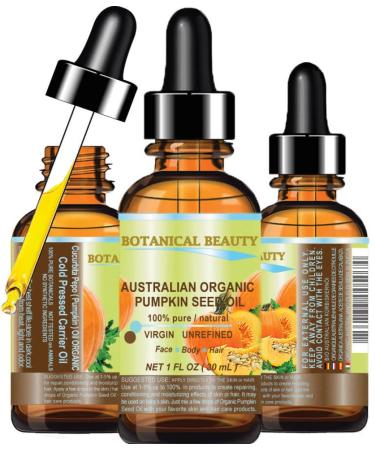 ORGANIC PUMPKIN SEED OIL Australian. 100% Pure / Natural / Undiluted /Unrefined Cold Pressed Carrier oil. 1 Fl.oz.- 30 ml. For Skin  Hair  Lip and Nail Care. One of the richest sources of enzymes  fatty acids  iron  zin...