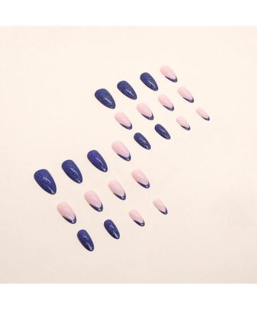 Justotry 24 Pcs Glitter Almond Navy Blue French False Nails - Medium Stiletto Stick on Nails with Nail Glue for Women - Nail Art Fake Nails - Buy Online on GoSupps.com