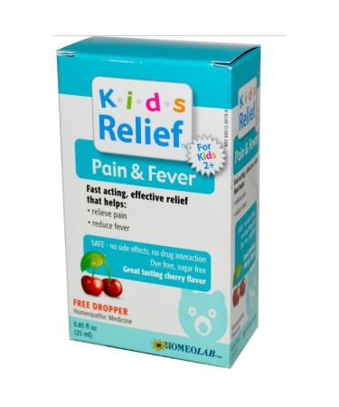 Homeolab USA Kids Relief Pain & Fever Oral Liquid For Kids 0-12 Yrs Cherry Flavor 0.85 fl oz (25 ml)