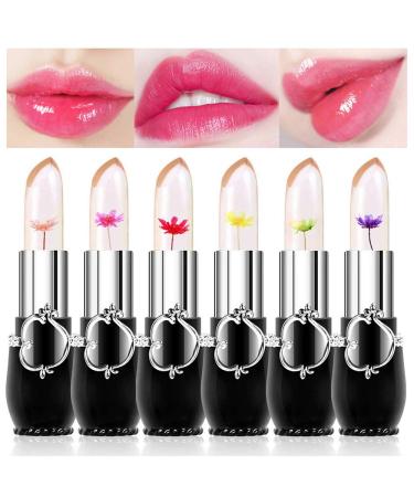Eakroo Flower Lip Gloss Crystal Jelly Lipstick 6 Packs Long Lasting Nutritious Lip Balm Lips Moisturizer Magic Temperature Color Change Lipgloss (black)