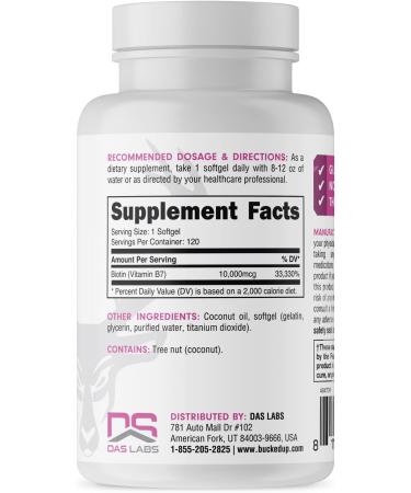 Bucked Up Biotin (Vitamin B7) 10,000IU Essentials - 120 Softgel Capsules | 120 Servings | Gluten-Free | Vegetarian | Non-GMO - Buy Online on GoSupps.com