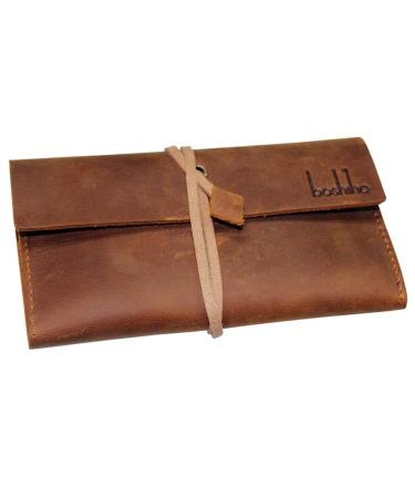 Boshiho Genuine Leather Roll Up Tobacco Pouch with Rolling Tip Paper Holder Slot (Brown (S))