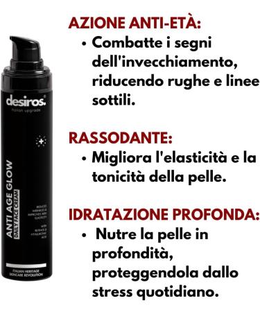  Desiros. Italian Upgrade Anti-Age Glow by Desiros - Anti-Aging Face Cream for Men with Vitamin C - Prevents wrinkles and plumps existing ones from within - Easily absorbed for firmer more elastic skin - 50 ml - Buy Online on GoSupps.com